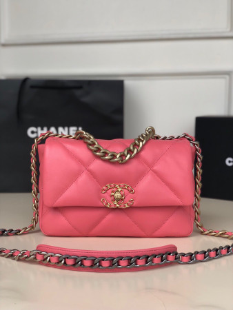 Ch*el 19 handbag shiny leather, gold-tone, silver-tone & ruthenium-finish metal pink 6.2 × 10.1 × 3.5 in