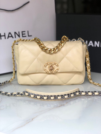 Ch*el 19 handbag shiny leather, gold-tone, silver-tone & ruthenium-finish metal dark yellow 6.2 × 10.1 × 3.5 in