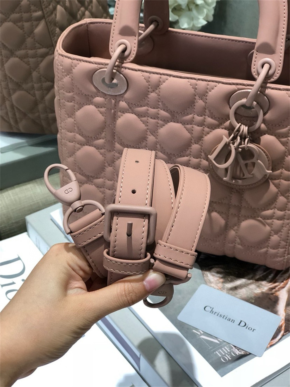 medium lady D*or bag 9.5 x 8 x 4.5 inches