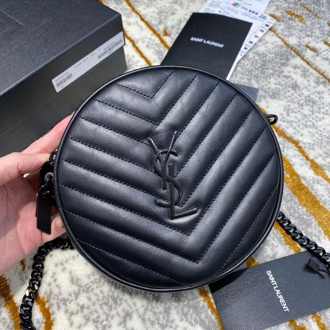 Y*L vinyle round camera bag in chevron-quilted smooth leather