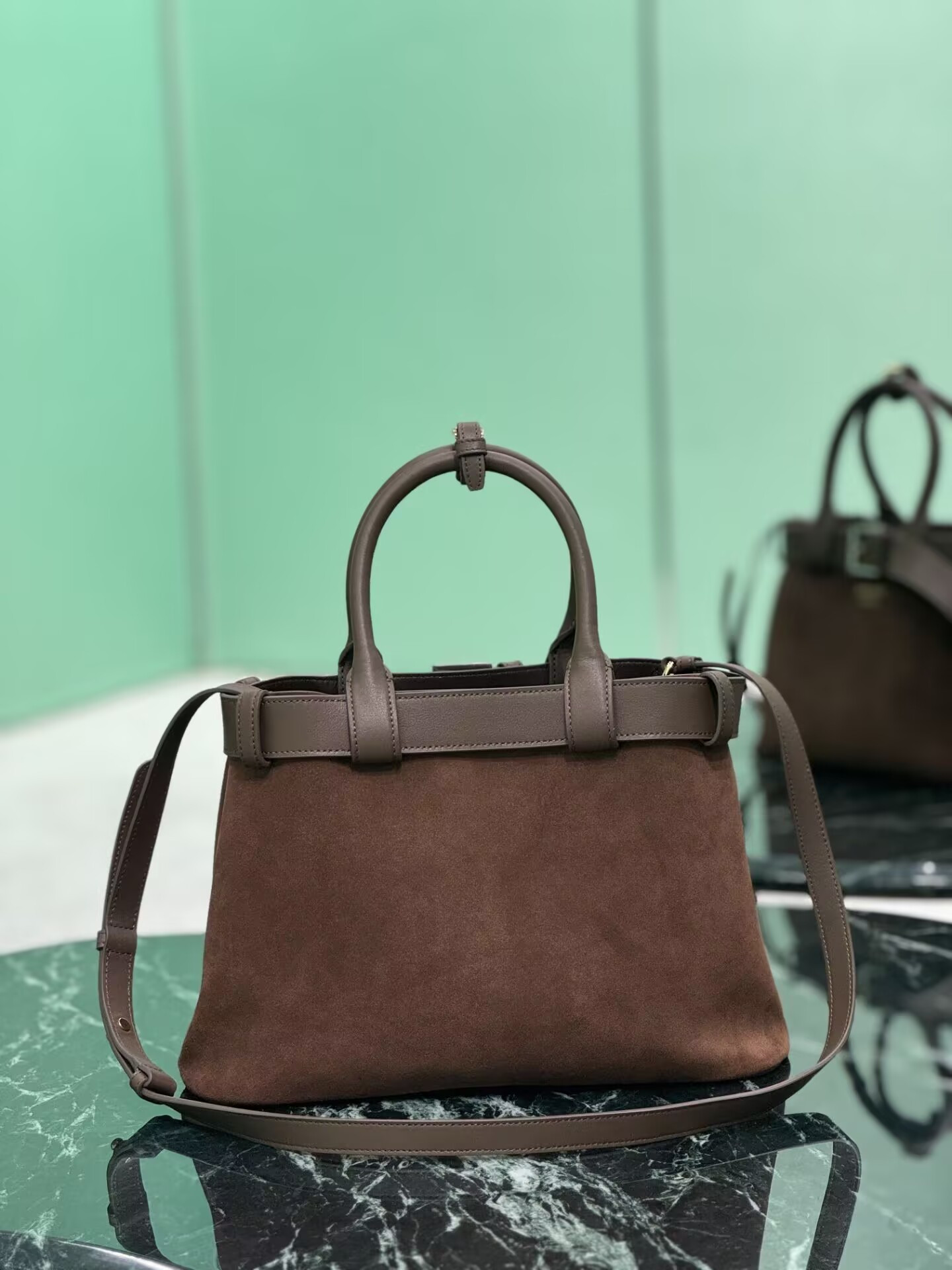 Pra*a buckle medium suede bag with belt 23x32x11cm