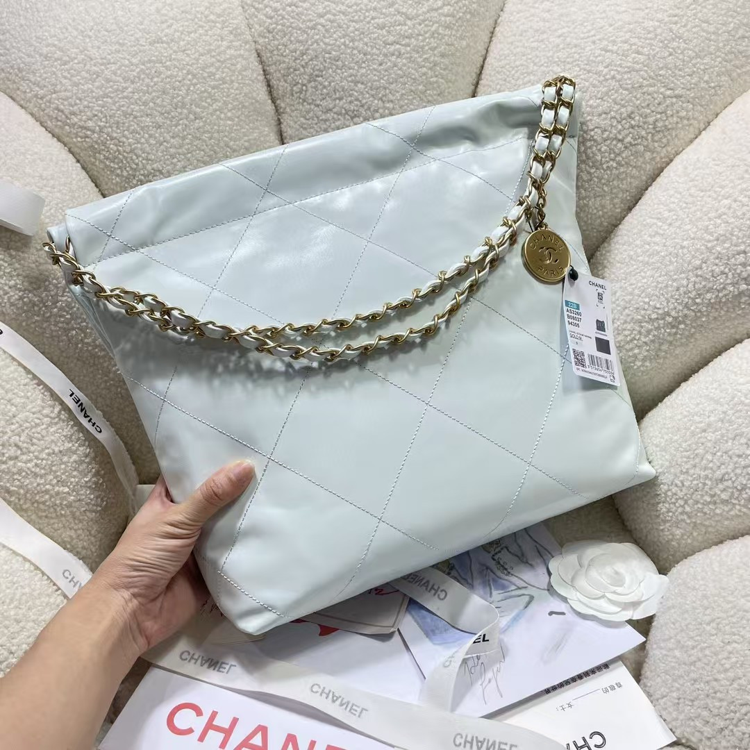 Ch*el 22 small handbag shiny calfskin light blue 37x35x7cm
