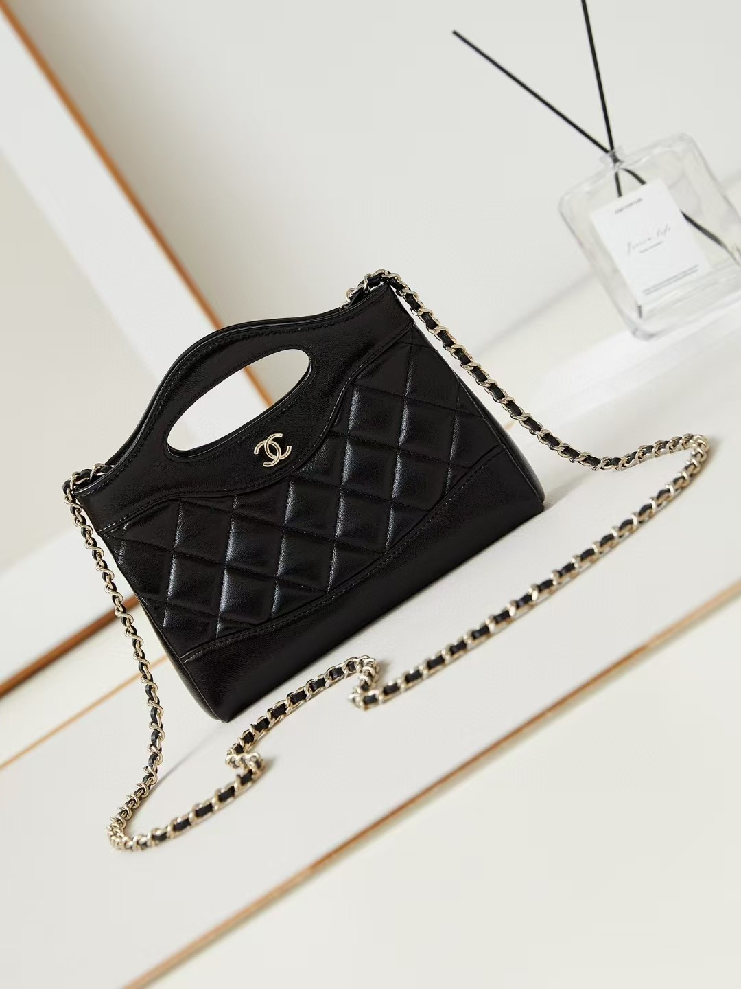 Ch*el 31 nano chain bag lambskin gold tone metal black as3656 17.5x20.5x4cm