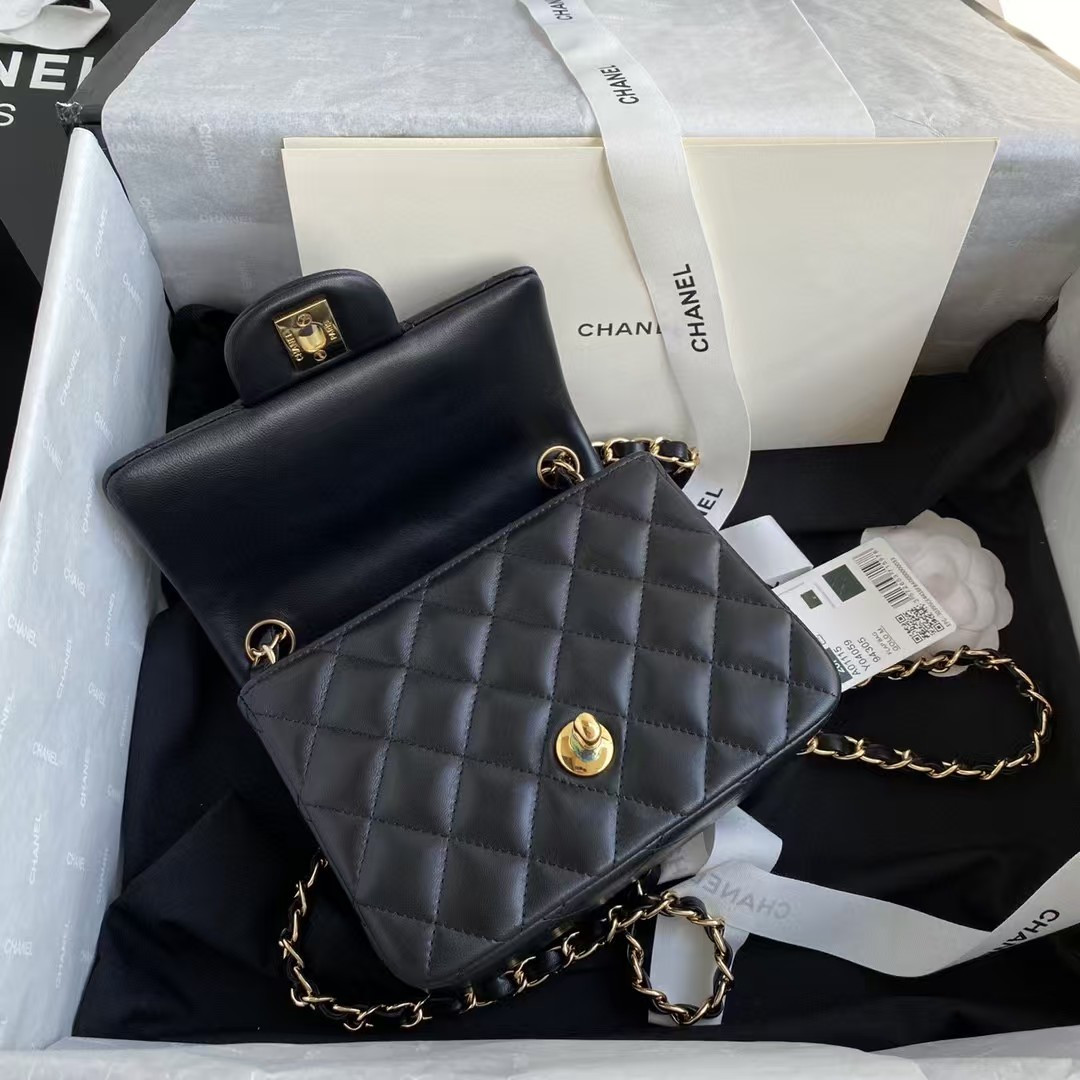 Ch*el mini classic handbag lambskin & gold-tone metal black 5.3 × 6.6 × 3.1 in