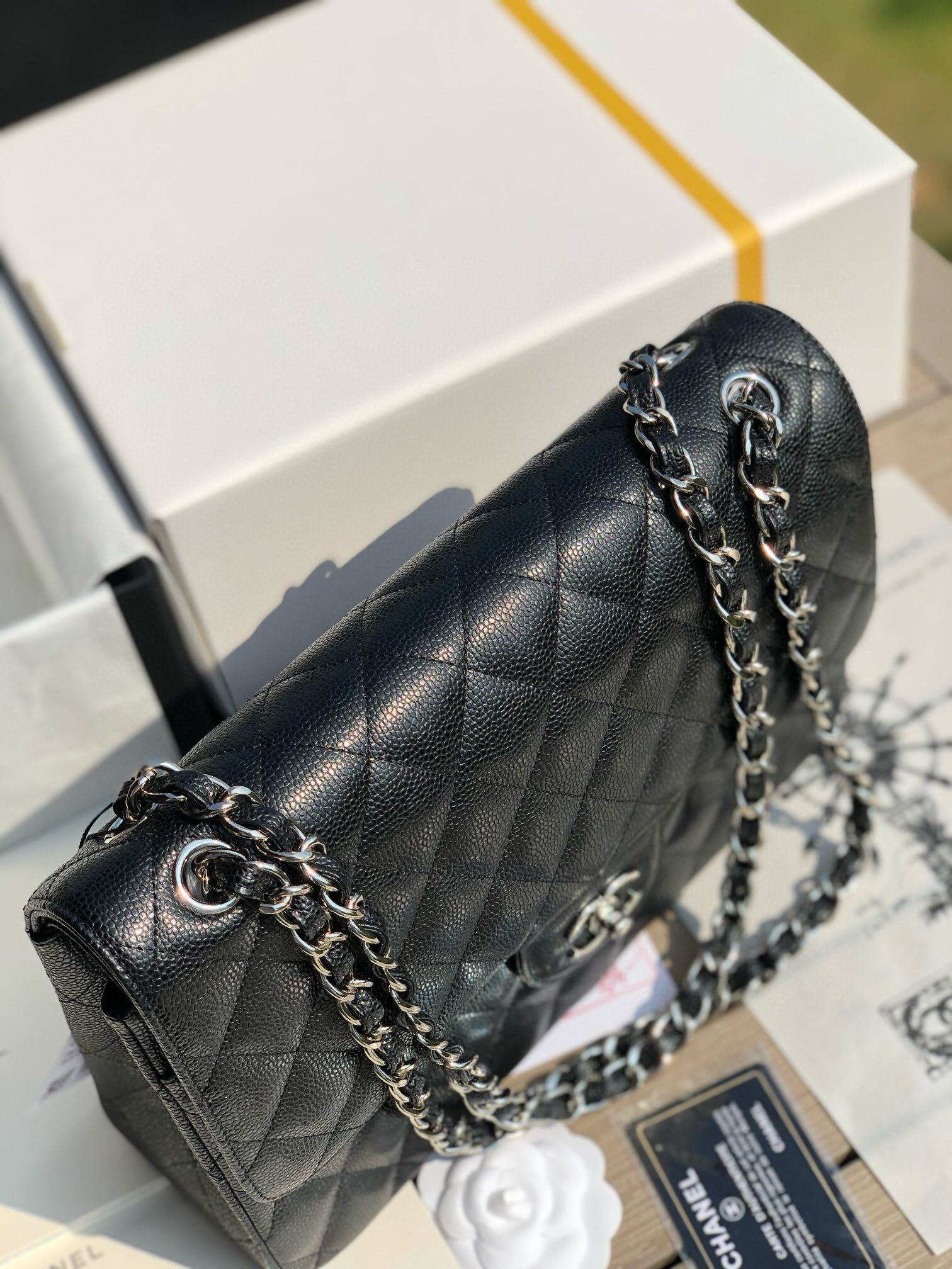 Ch*el classic flap jumbo 30cm cf black silver  7.6 × 11.7 × 3.9 in