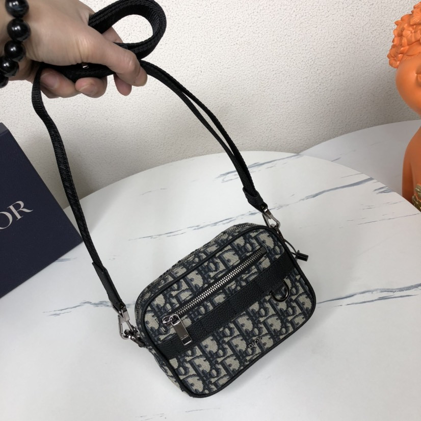 D*or mini safari bag with strap beige and black D*or oblique jacquard 6.5 x 5 x 1.5 inches