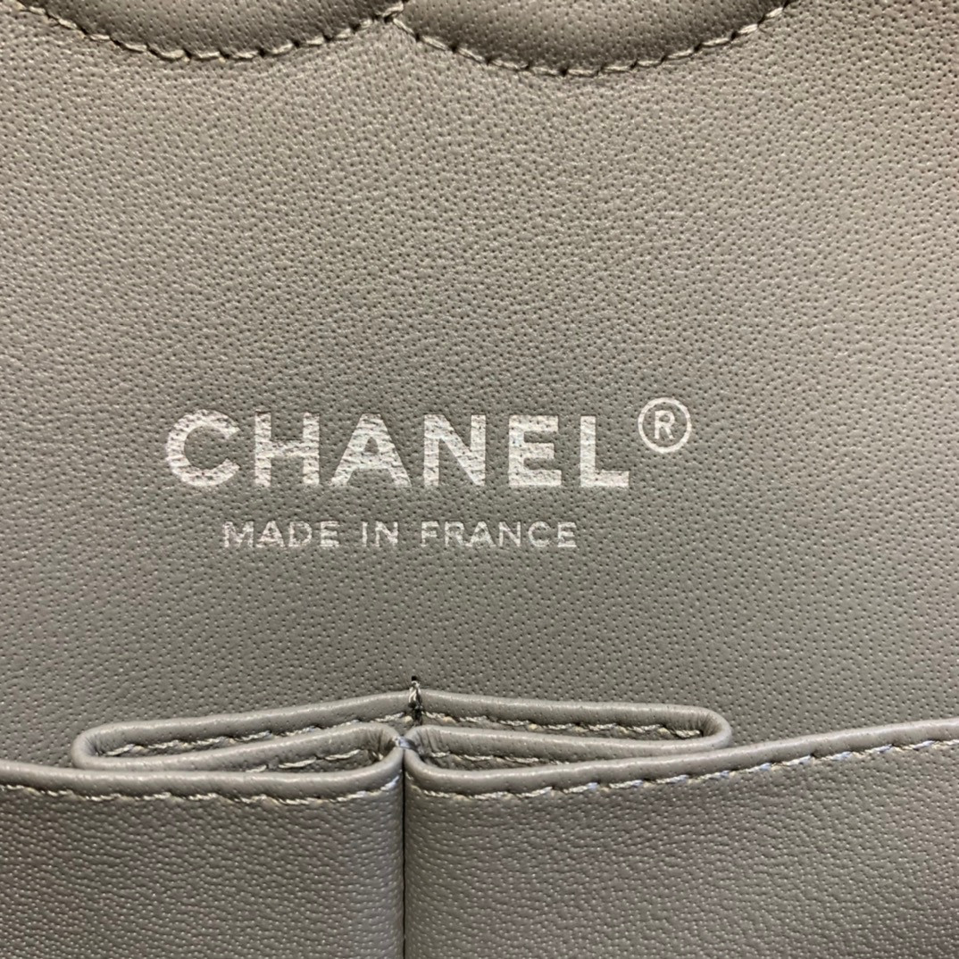 Ch*el classic handbag in grained litchi pattern calfskin & silver-tone metal, gray 6 × 9.9 × 2.5 inches