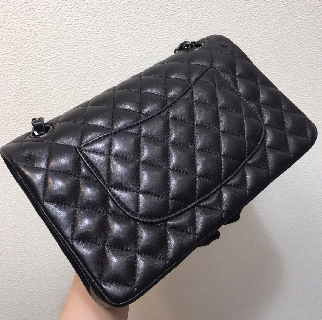 Ch*el crumpled calfskin quited double flap black  15.5x25.5x6.5cm