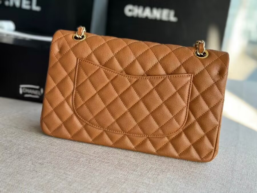 Ch*el classic handbag in grained litchi pattern calfskin & gold-tone metal 6 × 9.9 × 2.5 inches