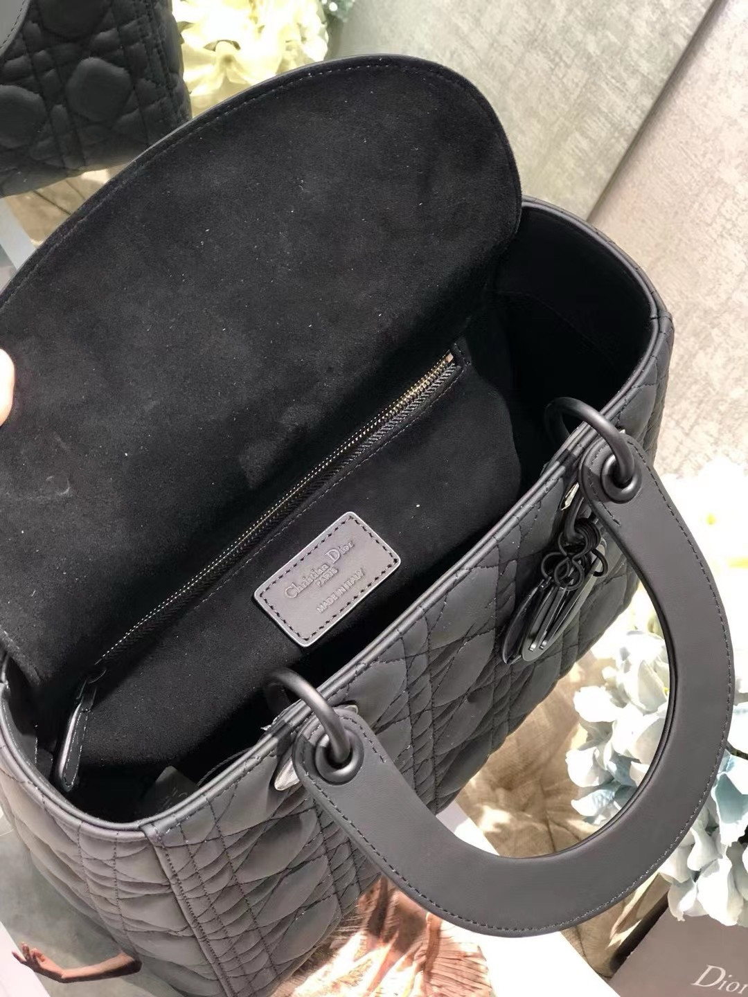 medium lady D*or bag 9.5 x 8 x 4.5 inches