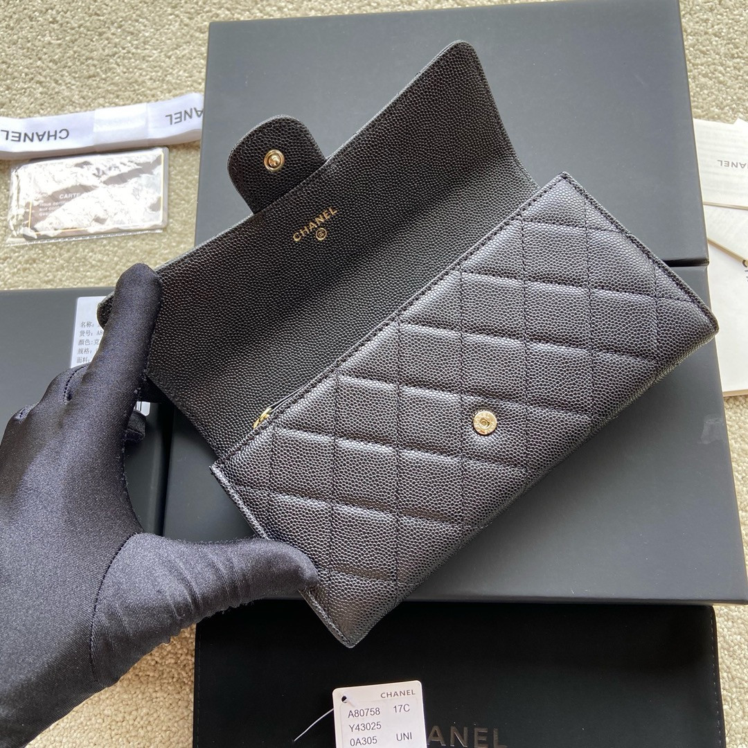 Ch*el flap wallet grained leather black gold 19.5 x10 cm