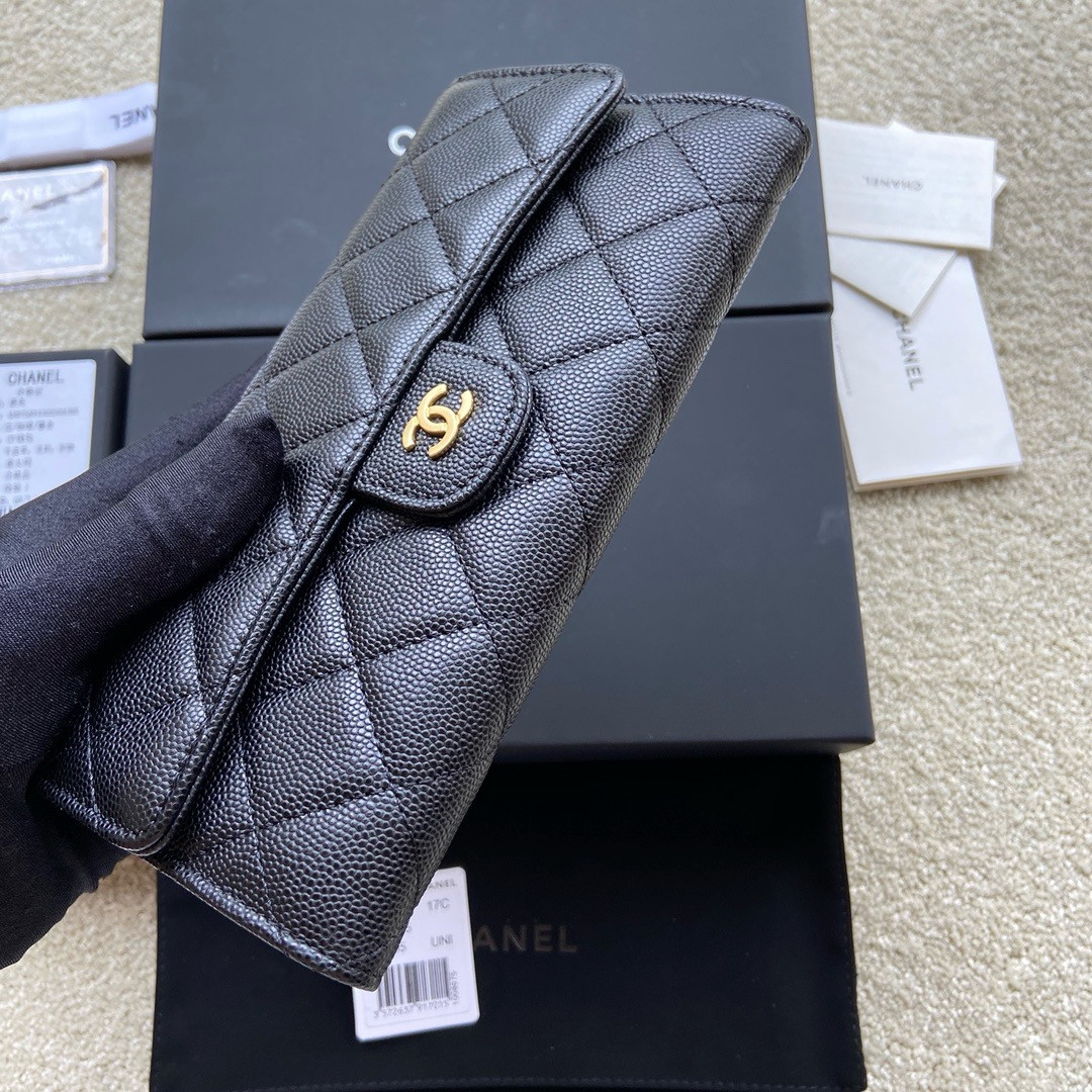Ch*el flap wallet grained leather black gold 19.5 x10 cm
