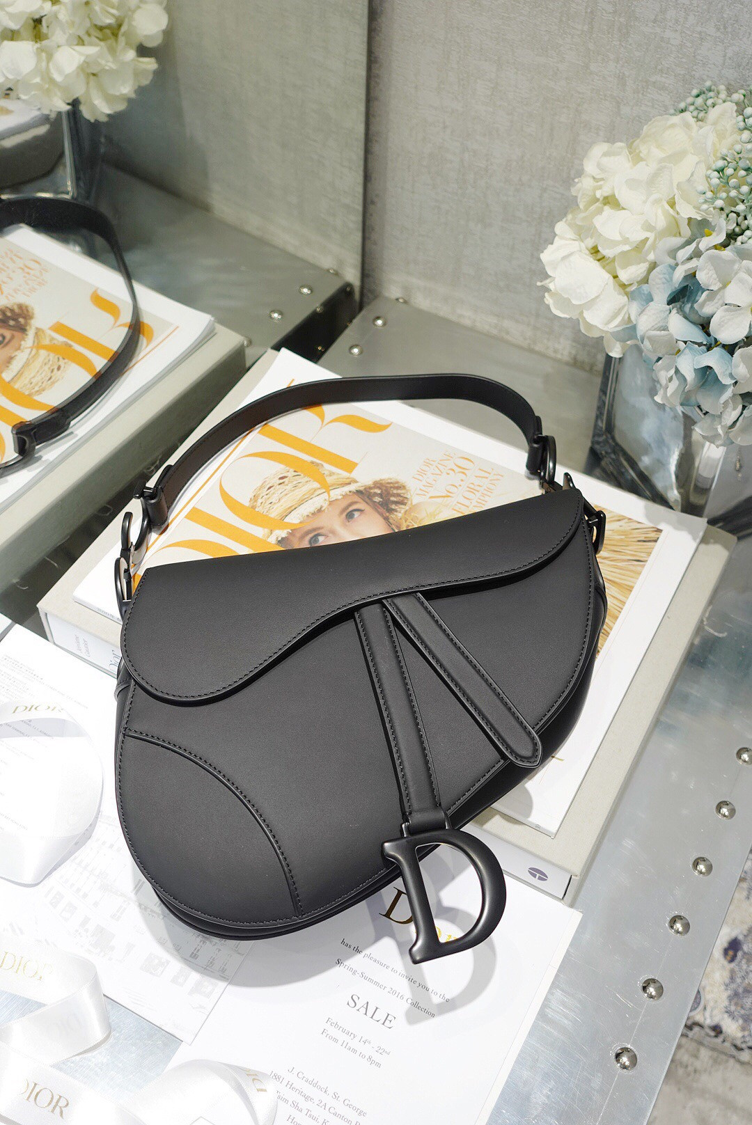 SADDLE BAG WITH STRAP Black Ultramatte Calfskin 25.5x20x6.5cm