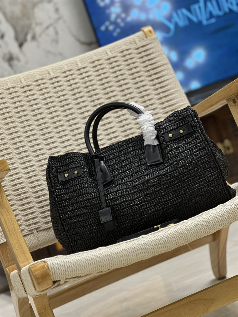 y*l sac de jour medium S*pple in raffia and vegetable-tanned leather black