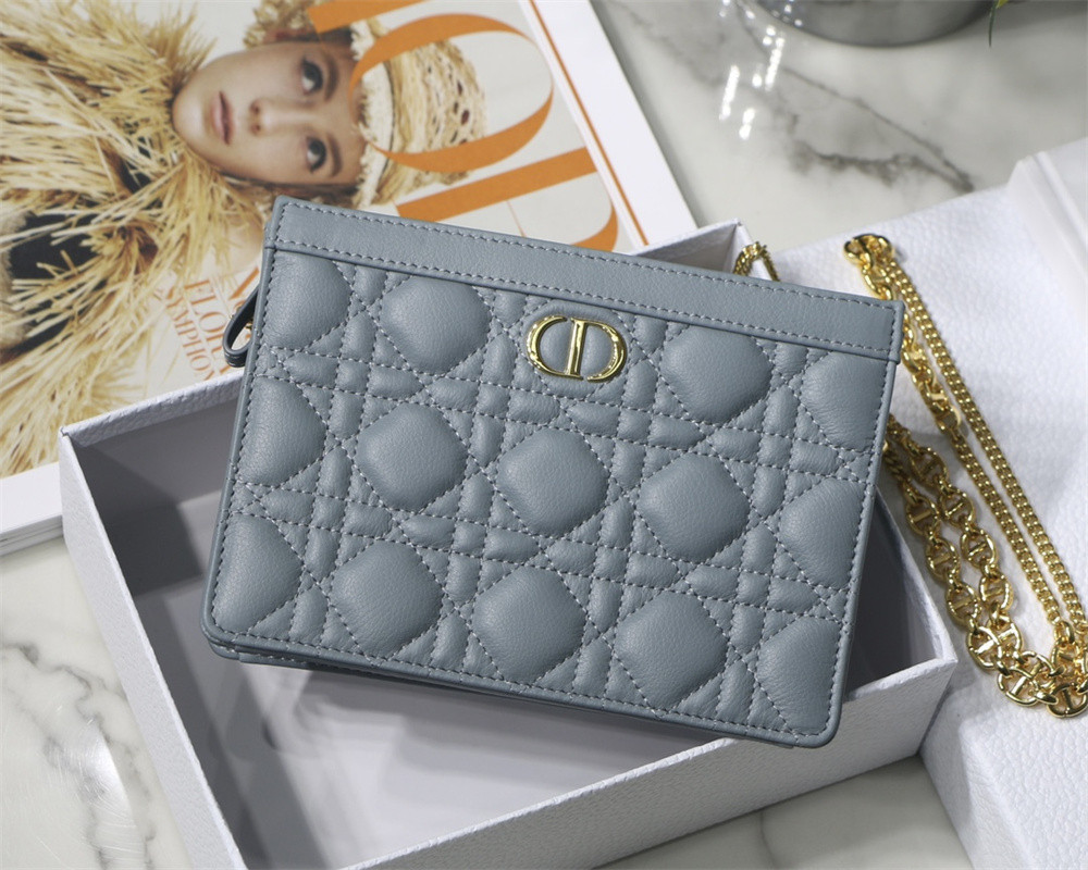d*or caro zipped pouch with chain blue S*pple cannage calfskin 19 x 14 x 4.5 cm
