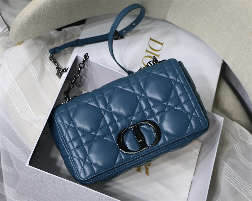 medium d*or caro bag navy S*pple cannage calfskin with silver hardware 25.5 x 15.5 x 8 cm
