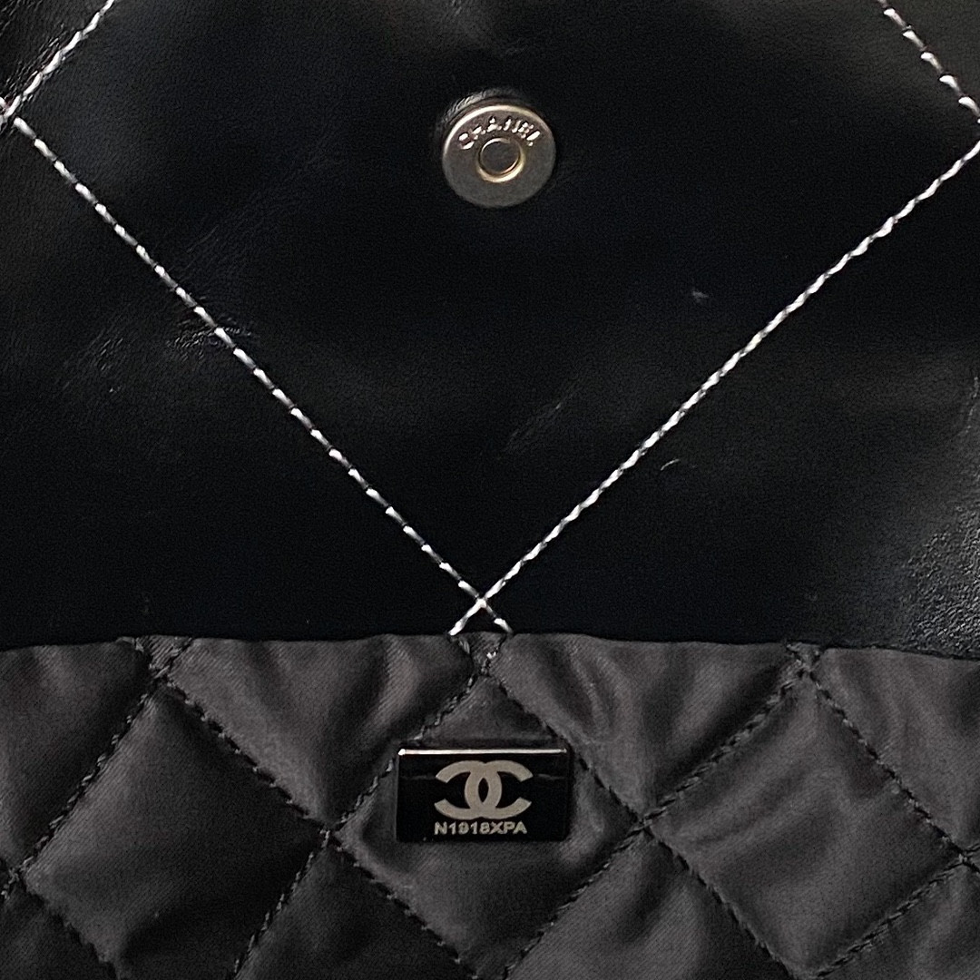 Ch*el 22 handbag shiny calfskin silver 15.2×16.4×3.1 in