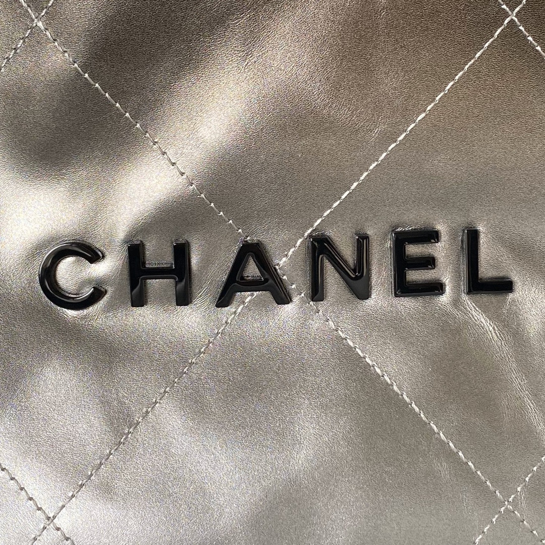Ch*el 22 small handbag shiny calfskin silver 13.7×14.4×2.7 in