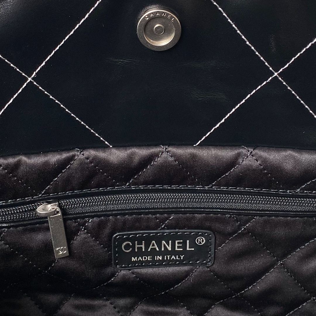 Ch*el 22 small handbag shiny calfskin silver 13.7×14.4×2.7 in