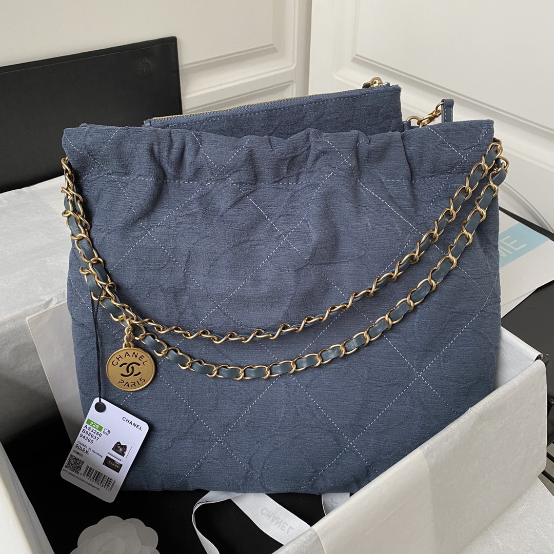 Ch*el 22 small handbag velvet navy 13.7×14.4×2.7 in