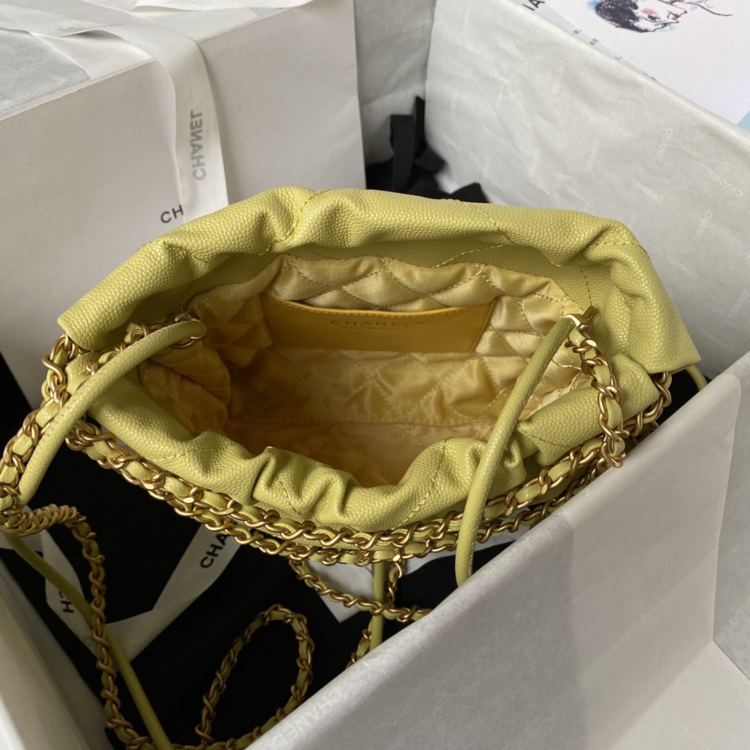 Ch*el 22 mini handbag grained leather yellow 7.8 × 7.4 × 2.3 in
