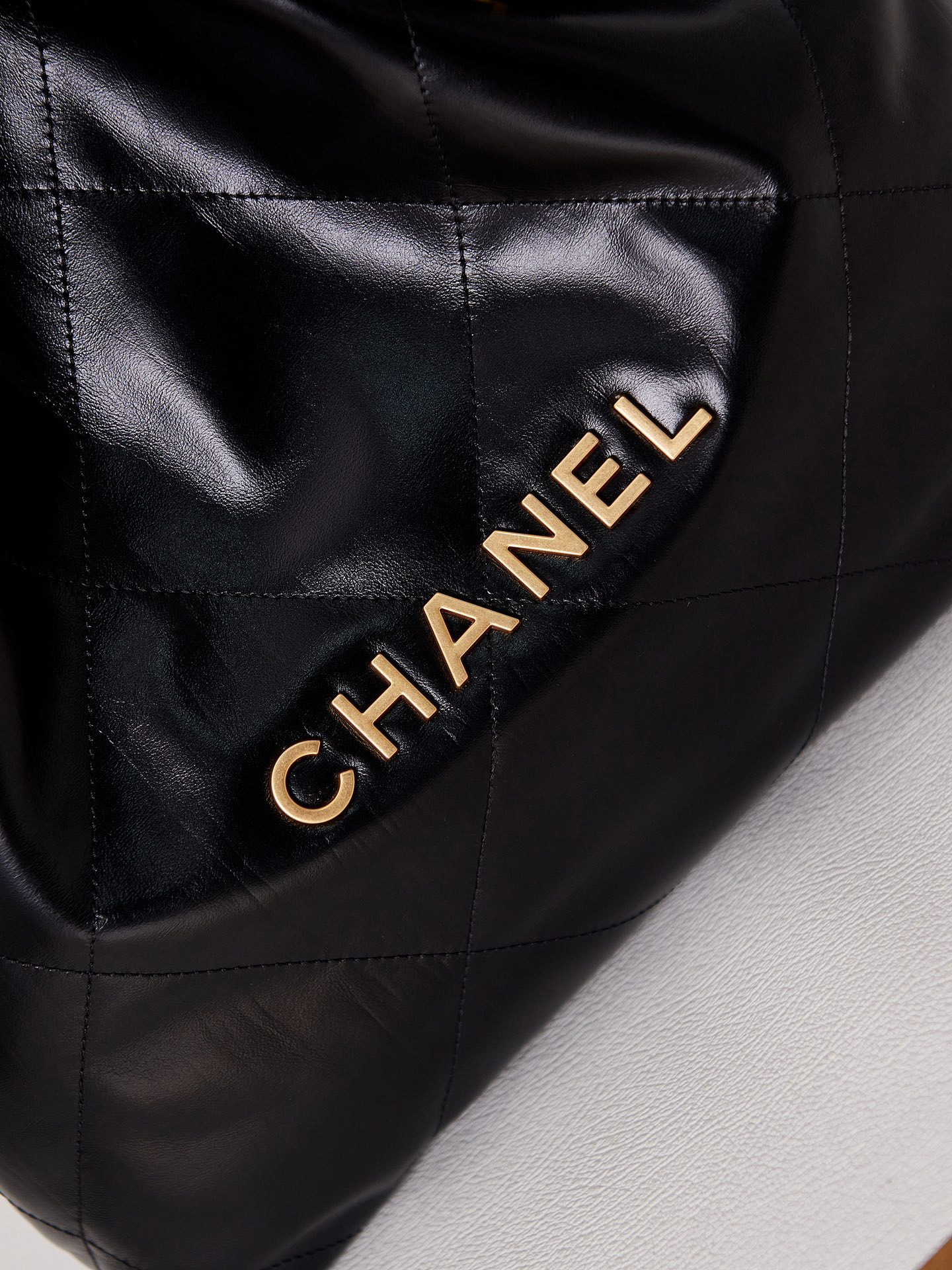 Ch*el 22 small handbag shiny calfskin & gold metal black 13.7×14.4×2.7 in
