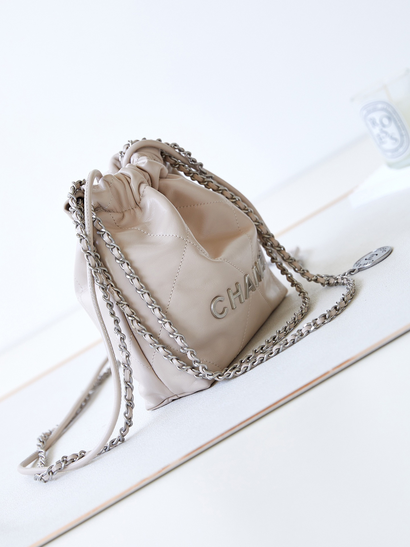 Ch*el 22 mini handbag shiny calfskin apricot 7.8 × 7.4 × 2.3 in