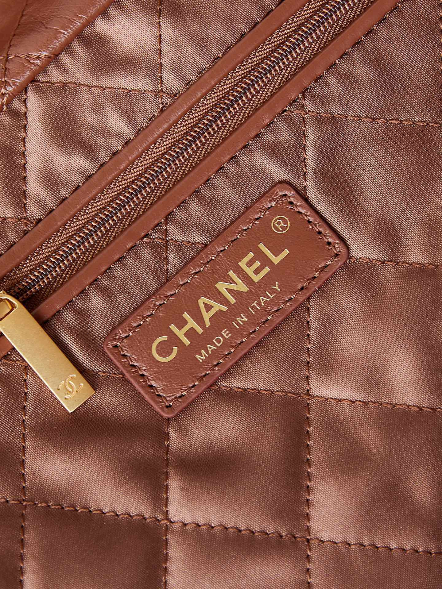 Ch*el 22 small handbag shiny calfskin brown 13.7×14.4×2.7 in