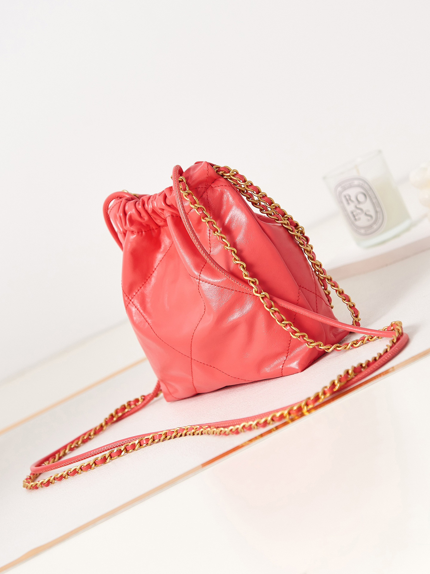 Ch*el 22 mini handbag shiny calfskin red 7.8 × 7.4 × 2.3 in