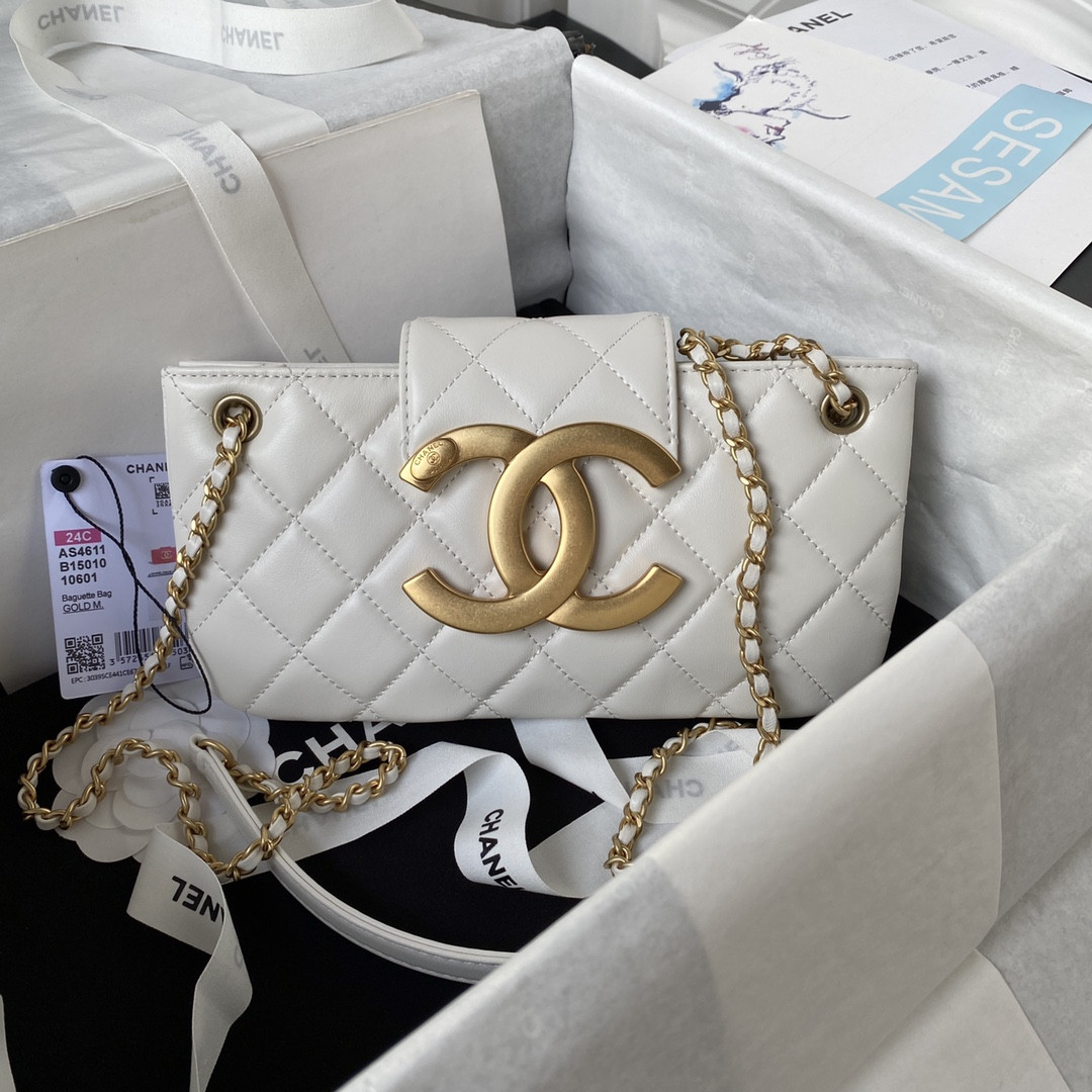 Ch*el baguette bag white 4.5 × 9.4 × 1.8 in