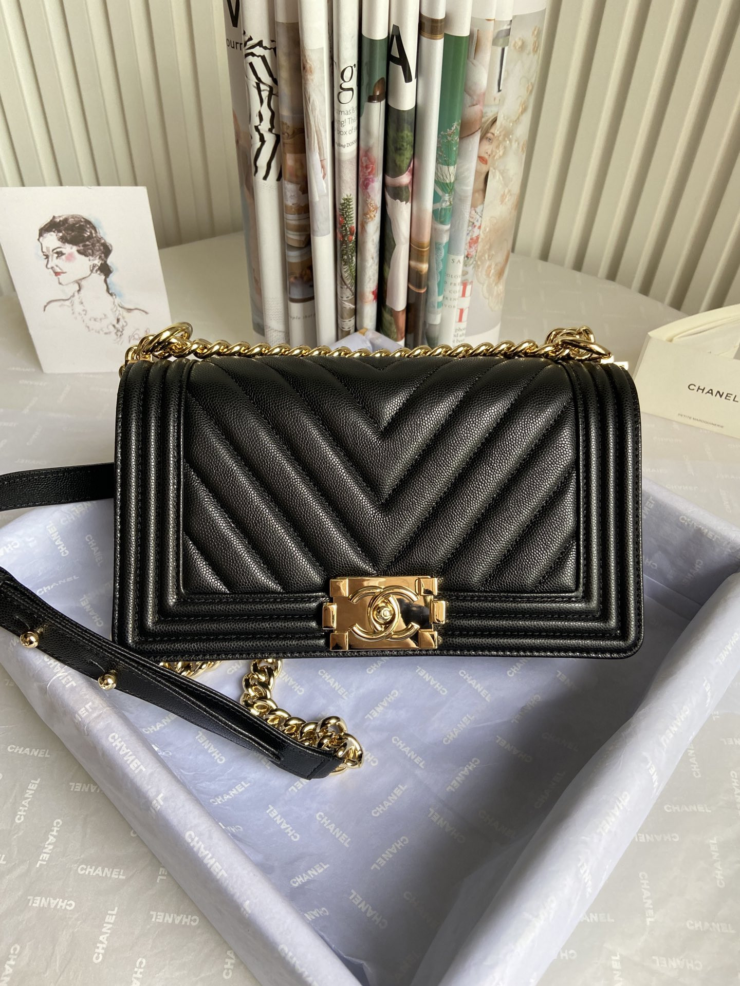 boy Ch*el handbag shiny grained calfskin & gold-tone metal black 5.9 × 9.8 × 3.5 in