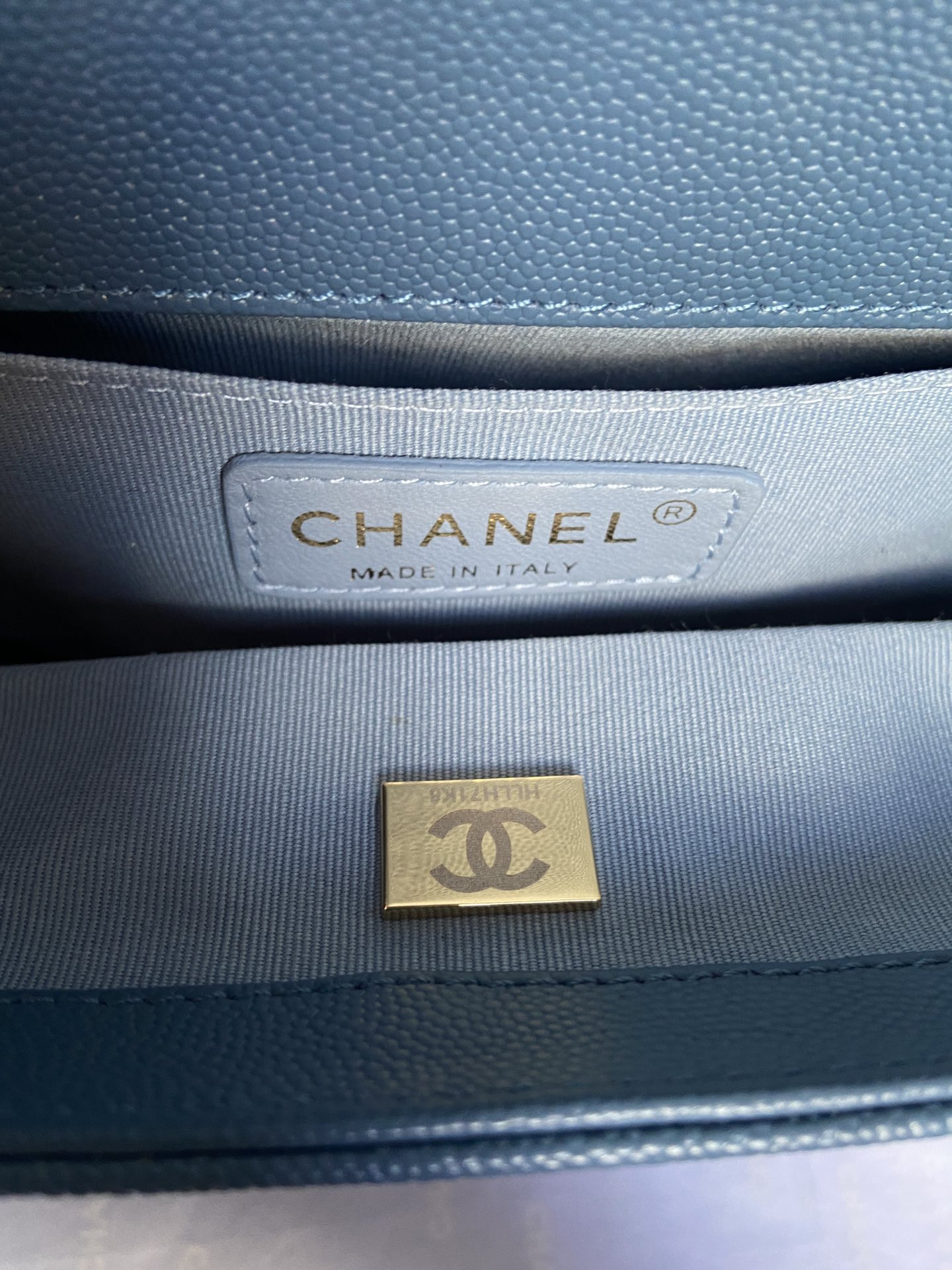 boy Ch*el handbag shiny grained calfskin & gold-tone metal blue 5.9 × 9.8 × 3.5 in