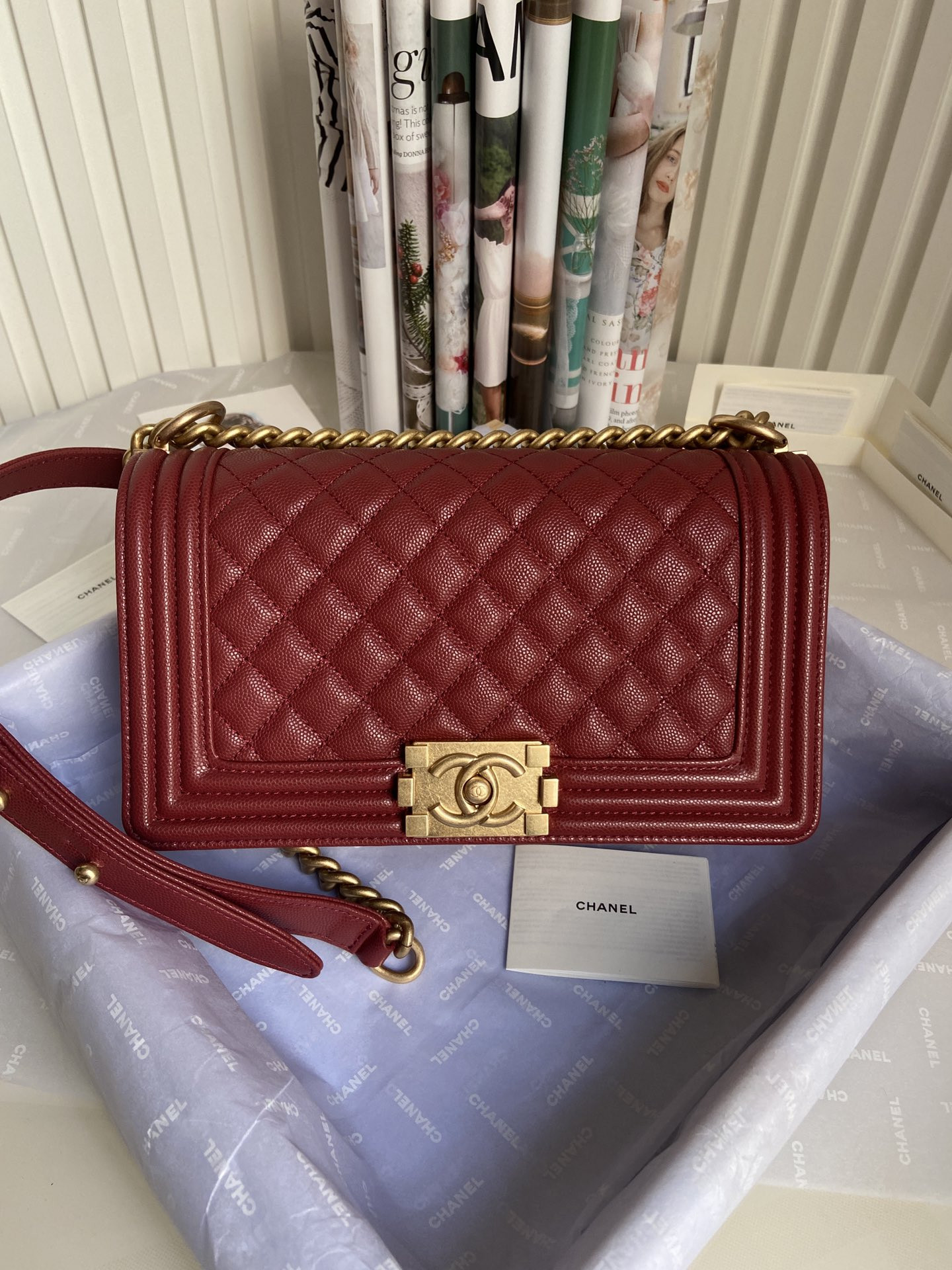 boy Ch*el handbag shiny grained calfskin & gold-tone metal red 5.9 × 9.8 × 3.5 in