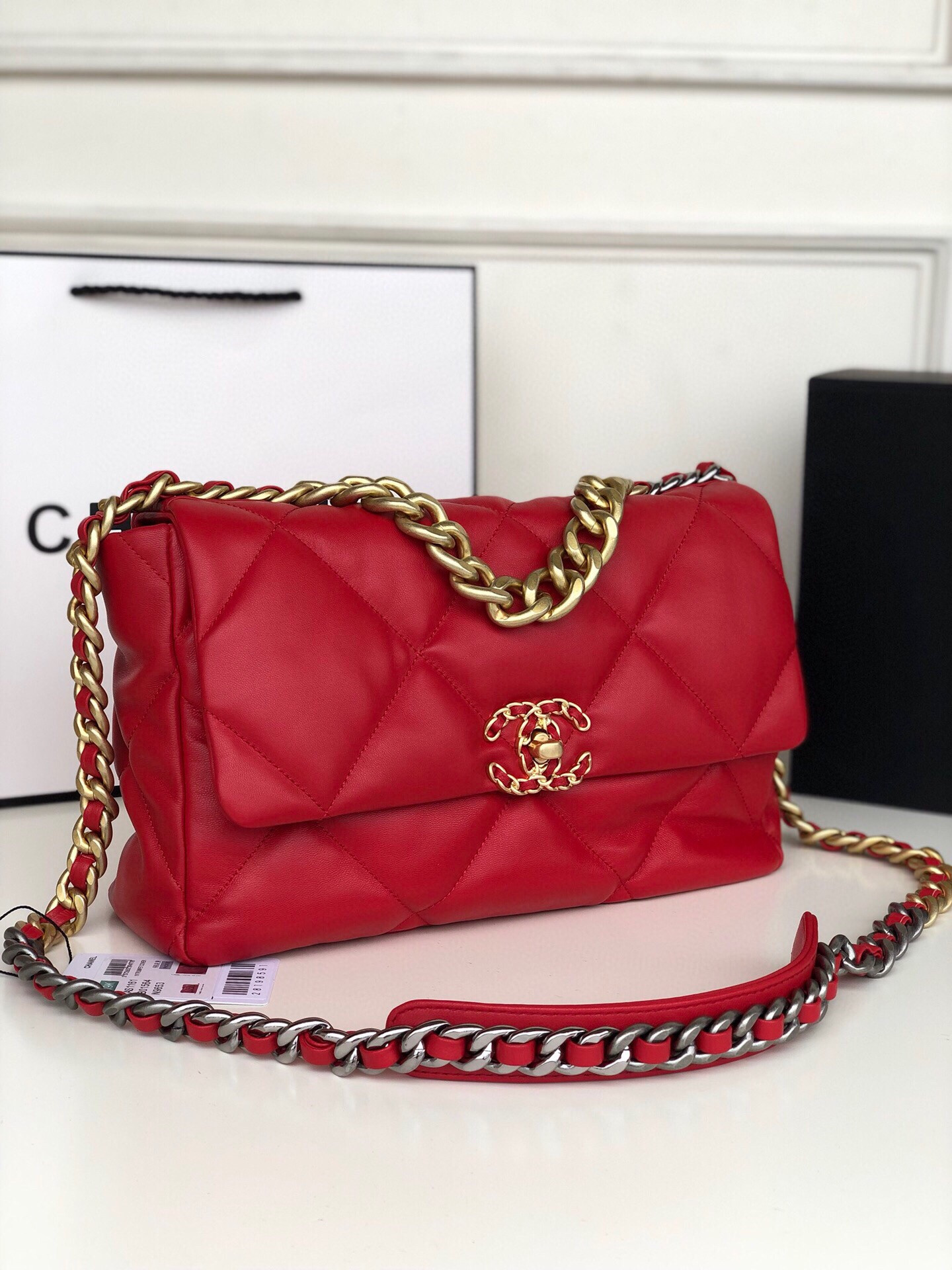 Ch*el 19 large handbag shiny leather, gold-tone, silver-tone & ruthenium-finish metal red 7.8 × 11.7 × 3.9 in