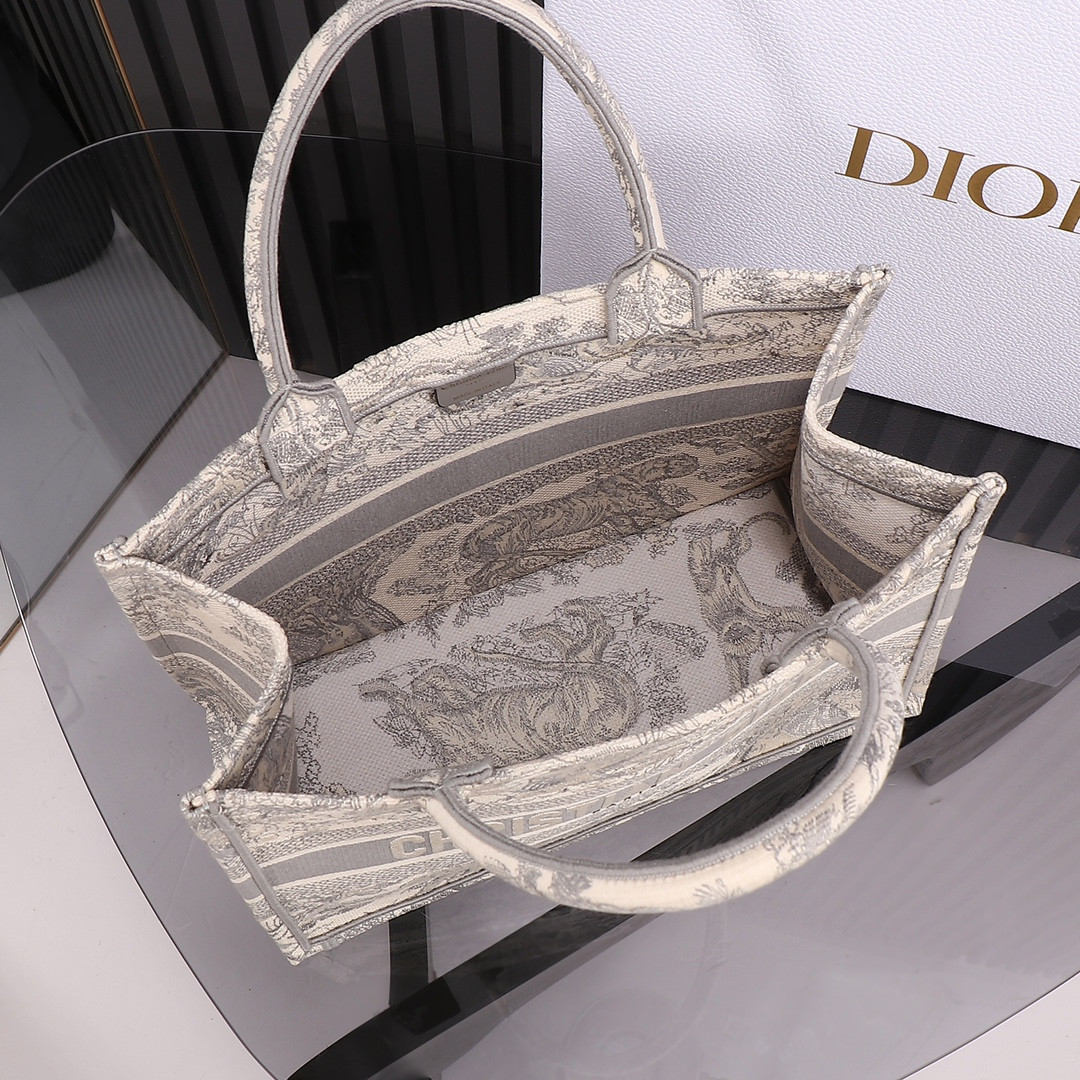 medium D*or book tote ecru and gray toile de jouy embroidery 14 x 11 x 6.5 inches