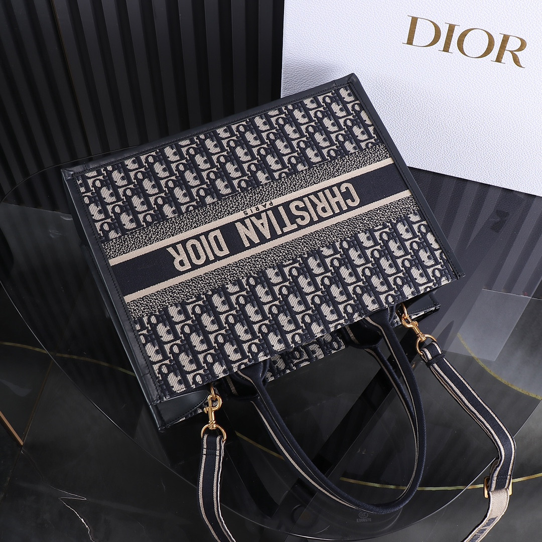 medium D*or book tote  blue D*or oblique embroidery and calfskin 14.5 x 11 x 7 inches