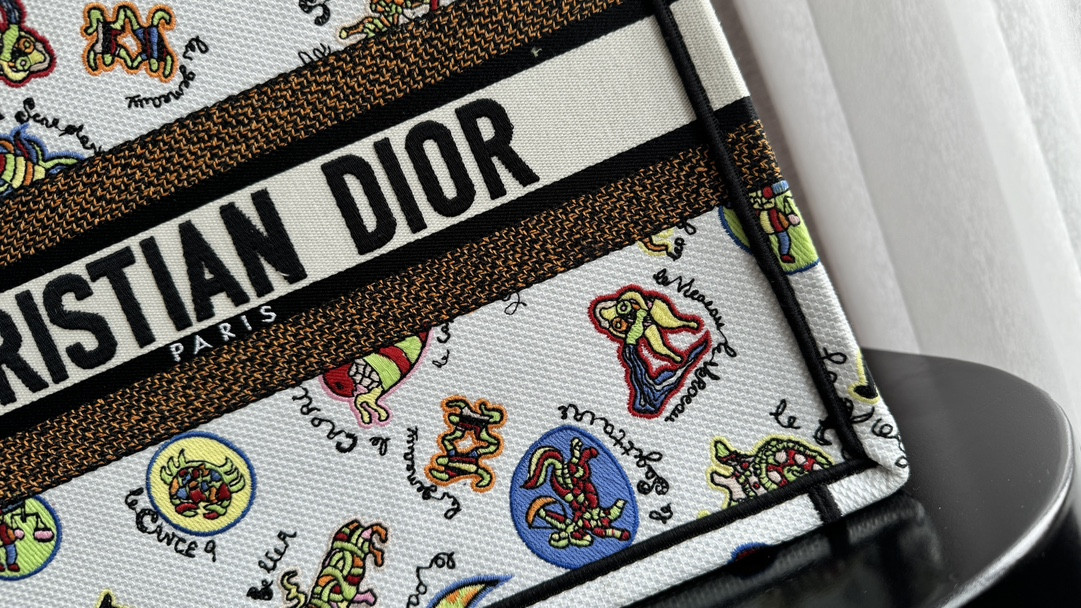 medium D*or book tote white multicolor dragon zodiac embroidery 14 x 11 x 6.5 inches