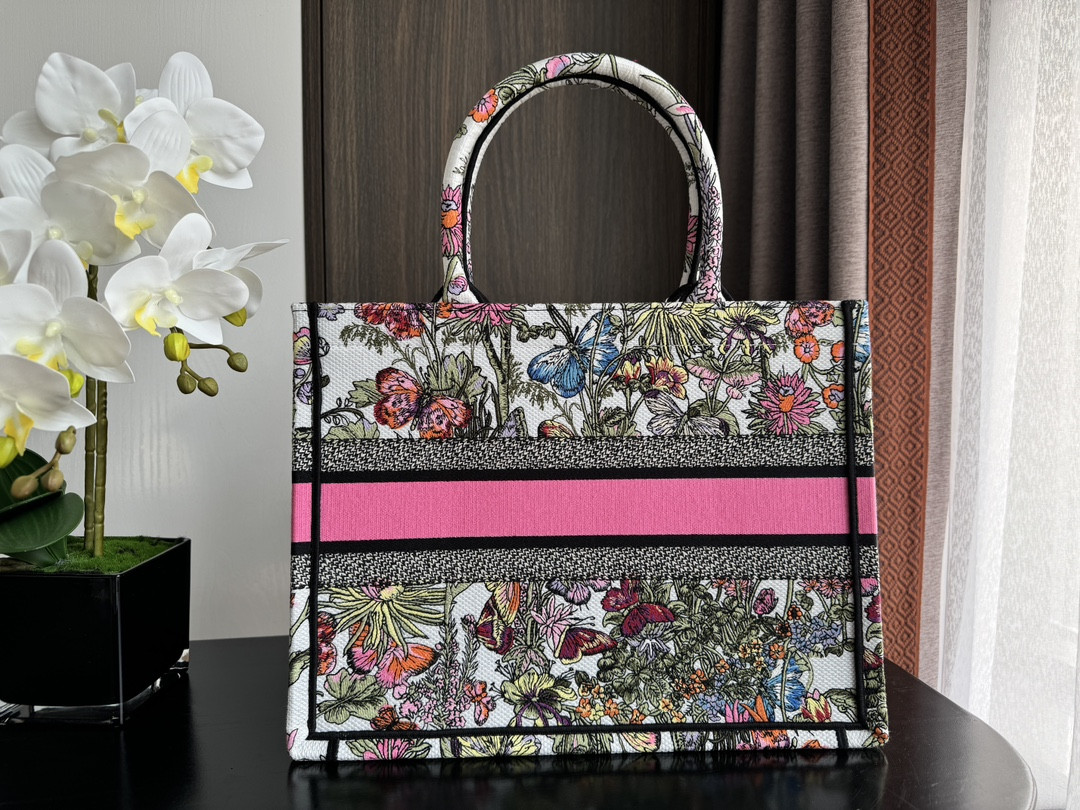 medium D*or book tote  white multicolor mexico millefiori embroidery 14 x 11 x 6.5 inches