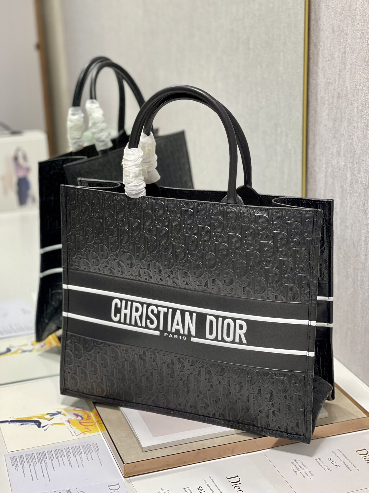 large D*or book tote black white D*or oblique embossed calfskin 16.5 x 14 x 7.5 inches