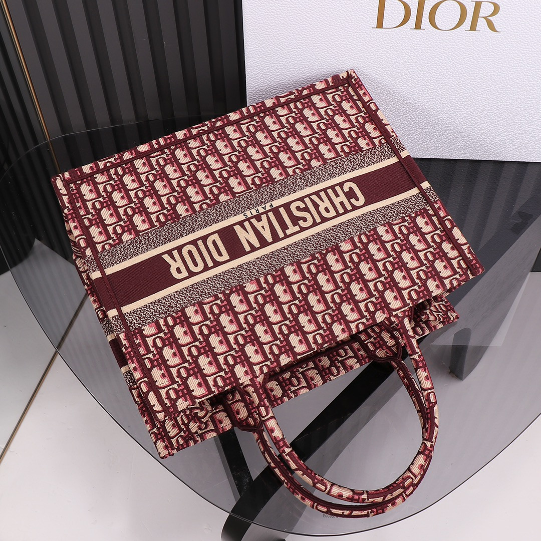 medium D*or book tote oblique burgundy 14 x 11 x 6.5 inches