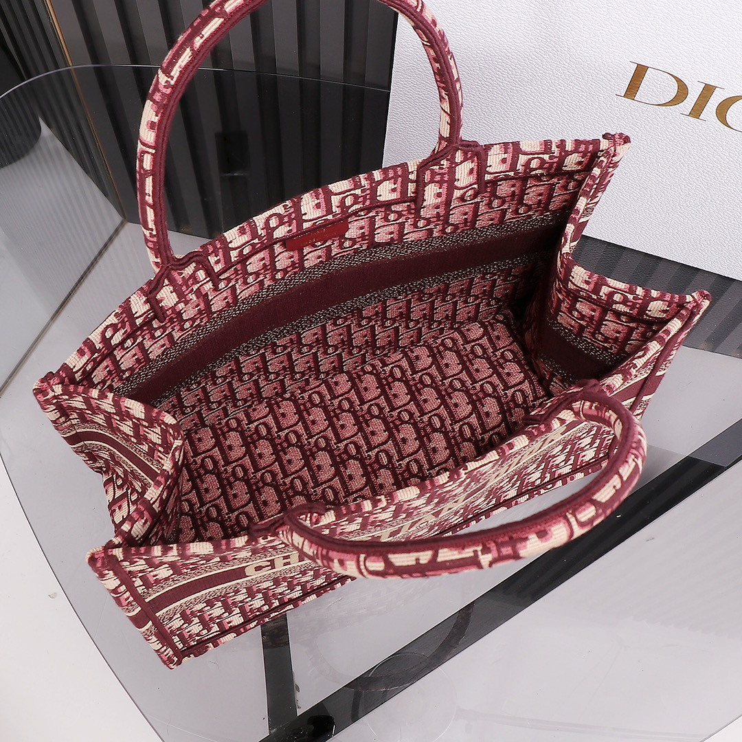 medium D*or book tote oblique burgundy 14 x 11 x 6.5 inches