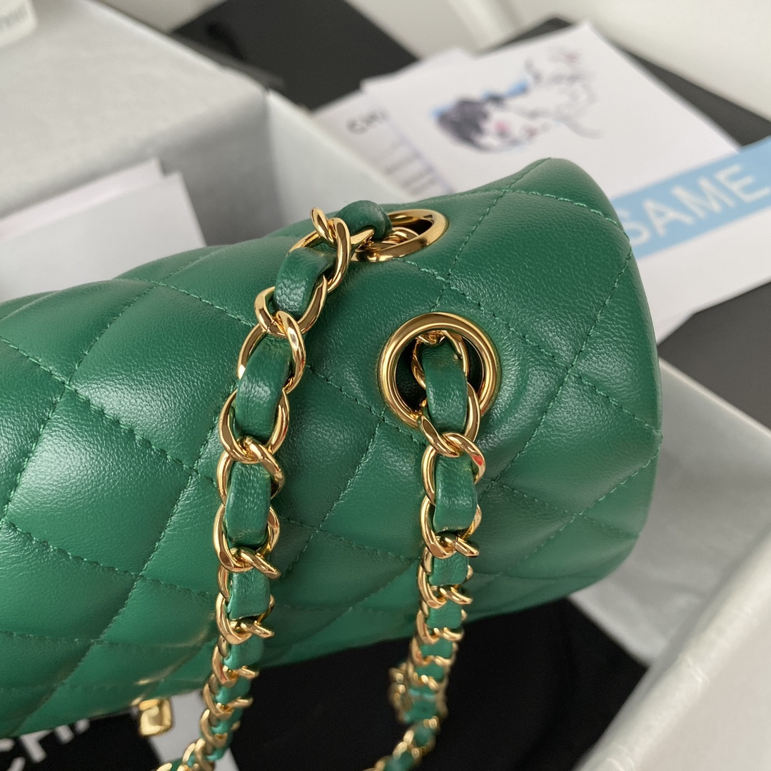 Ch*el classic handbag grained shiny calfskin & gold-tone metal green 6 × 9.9 × 2.5 in