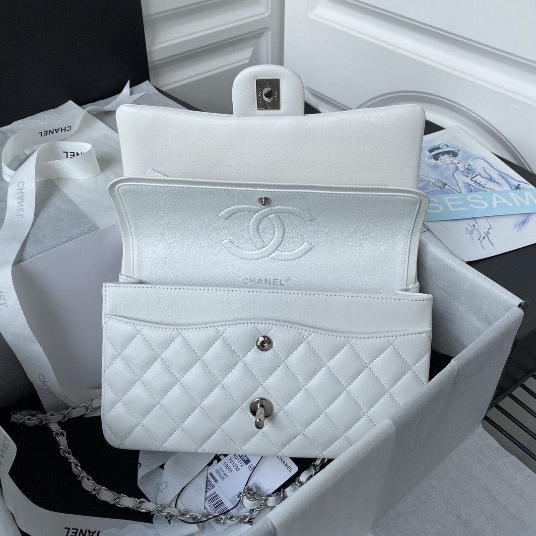 Ch*el classic handbag grained shiny calfskin & silver-tone metal white 6 × 9.9 × 2.5 in