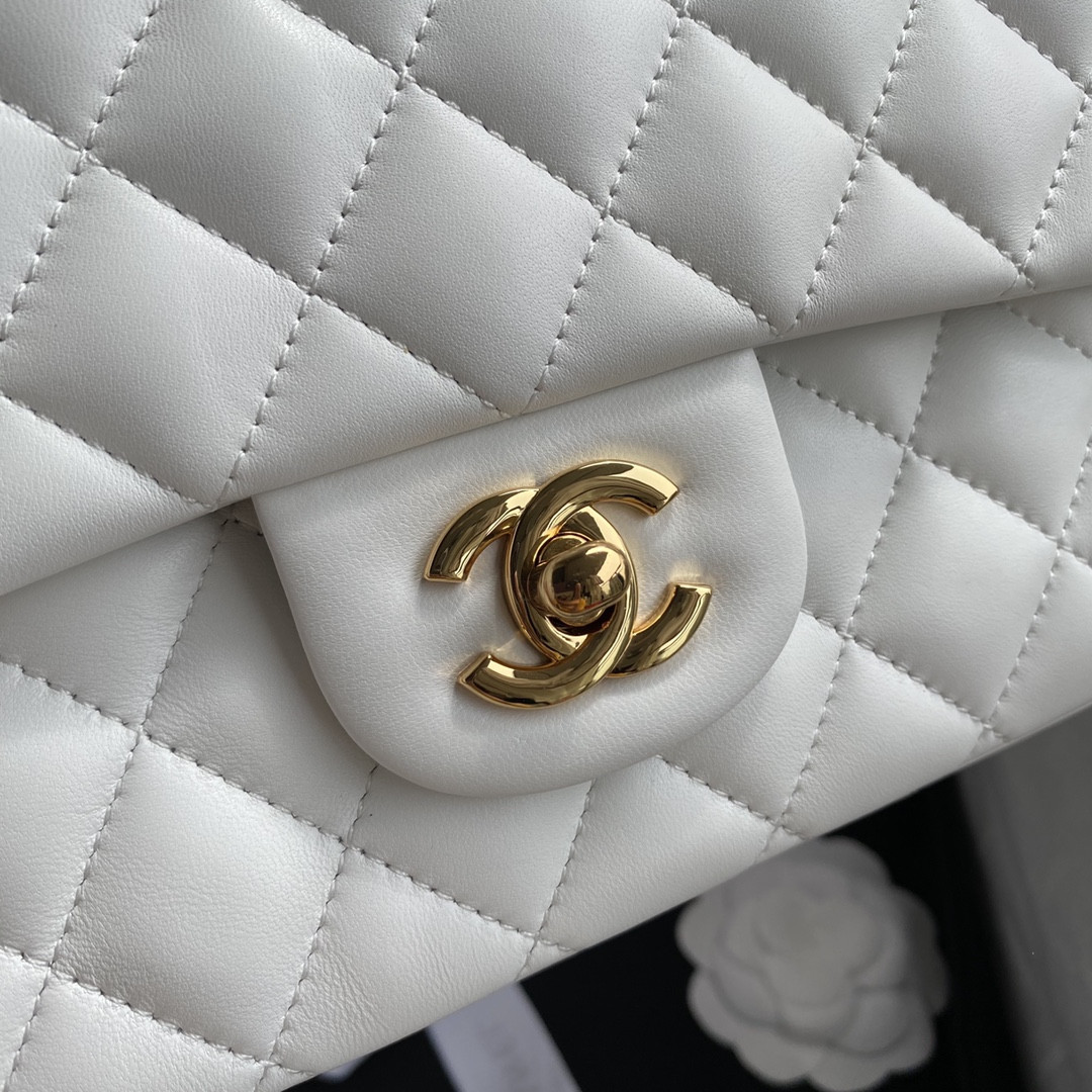 Ch*el classic handbag grained shiny calfskin & gold-tone metal white 6 × 9.9 × 2.5 in
