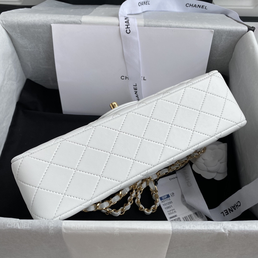 Ch*el classic handbag grained shiny calfskin & gold-tone metal white 6 × 9.9 × 2.5 in