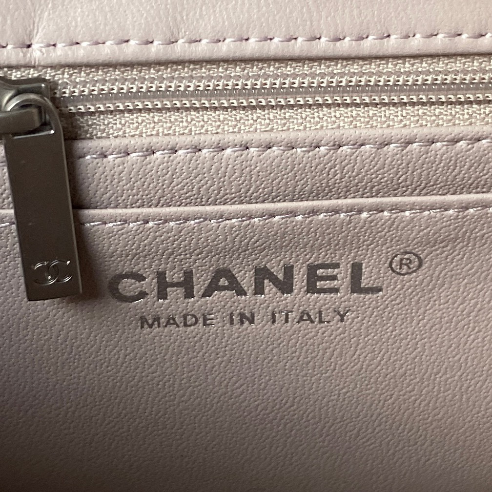 Ch*el mini flap bag shiny calfskin & silver-tone metal light pink 4.7 × 7.8 × 2.3 in