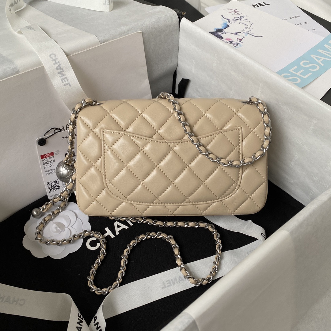 Ch*el mini flap bag shiny calfskin & silver-tone metal light beige 4.7 × 7.8 × 2.3 in