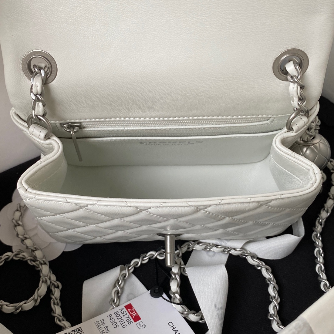 Ch*el mini flap bag shiny calfskin & silver-tone metal white 5.3 × 6.6 × 3.1 in