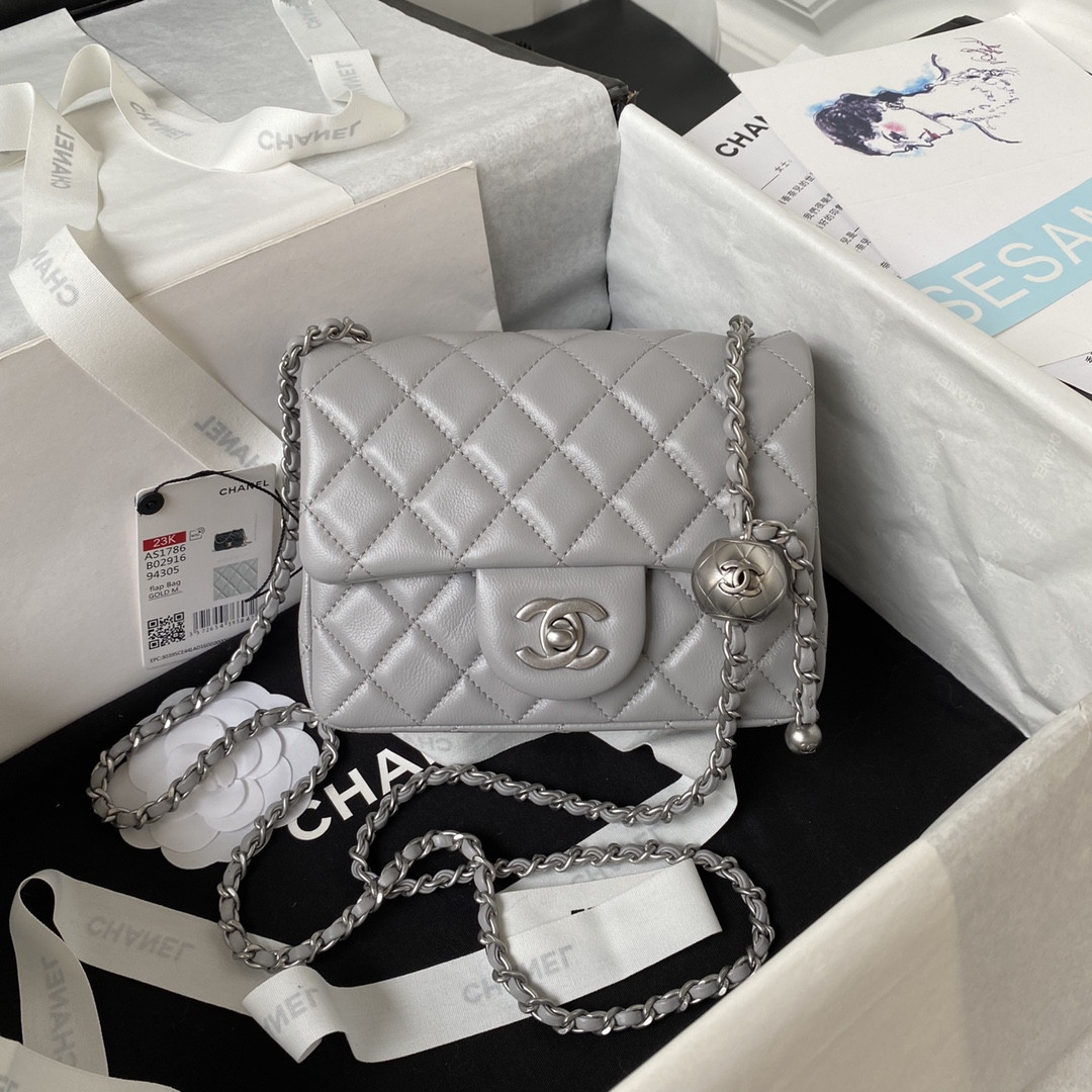 Ch*el mini flap bag shiny calfskin & silver-tone metal light gray 5.3 × 6.6 × 3.1 in