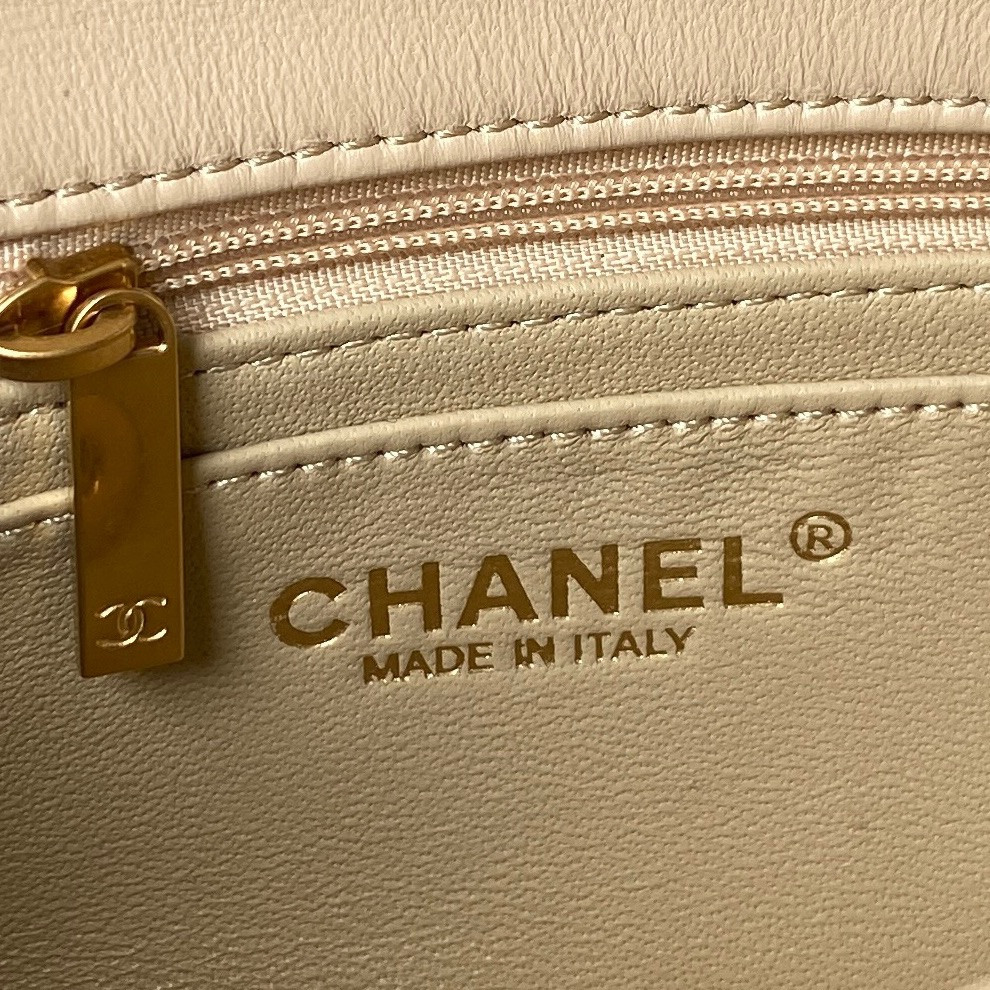 Ch*el mini flap bag shiny calfskin & gold-tone metal light beige 4.7 × 7.8 × 2.3 in